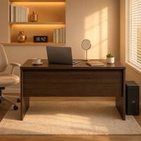 Bureau d'ordinateur modulaire minimaliste et fin, montage facile, étagères de rangement ouvertes, design à panneaux, table d'écriture à grain foncé pour bureau à domicile