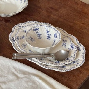 Embroidered Vintage Ceramic Tableware for Weddings Parties Blue Small Flowers White Dish Petal Edges Stand Included Small Dishes - Product Image 4