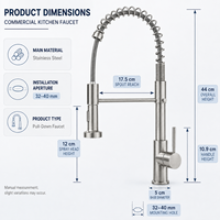 Robinet de cuisine commercial moderne en acier inoxydable avec douchette extractible, monocommande, design à ressort, finition brossée, mitigeur chaud/froid pour évier