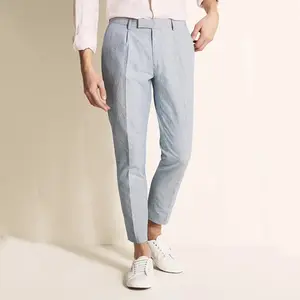 High Quality Mens Brand Casual Blue Stripe Slim Fit Linen Cotton Men Formal Pants Trousers