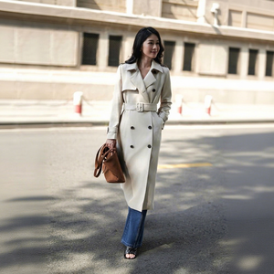 Gabardina Larga de Mujer al por Mayor, Cruzada con Cinturón, Cortavientos, Tejida, Casual, Ligera, Antiarrugas, de Poliéster, para Viajes Diarios - Product Image 1