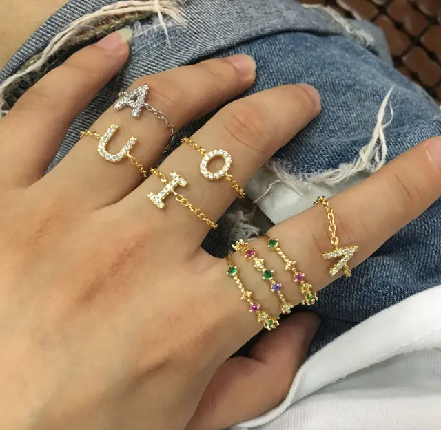 fashion jewelry adjust micro pave cz minimal trendy 26 letters alphabet chain ring