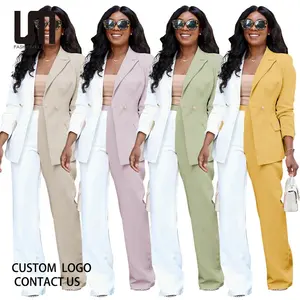 Liu Ming Custom Printed Logo Women Fashion Office Lady Outfits Patchwork Long Sleeve Blazer Pants 2 Piece Set