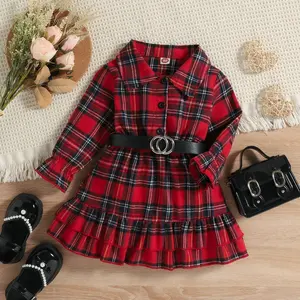 Vestido de criança, vestido de menina para 1-5 anos; vestido de moda xadrez vermelho com cinto; traje quente de inverno para o ano novo; vestido infantil