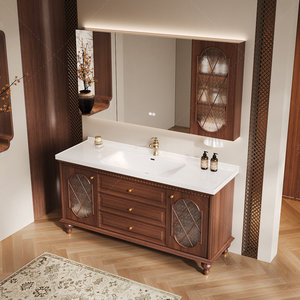 Traditional Solid Wood Bathroom <b>Vanity</b> with Ceramic Basin and Framed <b>Mirror</b> 60 In Floor Standing Dark Finish - Product Image 5