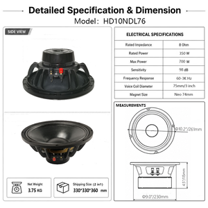 Altavoz de Medios-Bajos de Neodimio de 10 Pulgadas, 8ohm, 98dB, Ultra Alta Sensibilidad, 350W AES, Bobina de Voz de 75mm, Metálico, <span class=keywords><strong>para</strong></span> Audio Profesional - Product Image 3