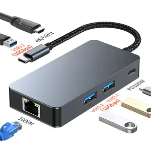 6合1 USB 3.2 C型集线器至4K 60hz高清电视适配器坞站3端口USB 3.2 PD 100W为Macbook Pro笔记本电脑平板电脑充电RJ45