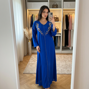Elegant Muslim Maxi Dress Royal <b>Blue</b> <b>Beaded</b> Long Sleeve Modest Abaya for Eid Occasion Women Boutique Party Wear - Product Image 1
