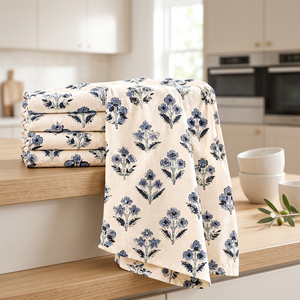 Wholesale Cotton Kitchen <b>Towels</b> Set of 2 Floral Block Print Tea <b>Towels</b> 18x25 Inch | Blue Decorative Machine Washable Dish <b>Towels</b> - Product Image 6