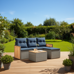 Set Divano da Esterno Moderno in Polyrattan Grigio con Cuscini, 5 Posti, Design Contemporaneo con Dettagli in Legno Massello - Product Image 2