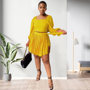 New Design Casual Slit Sleeve Crop Top Pleated Lace up Skirt 2 Piece <b>Set</b> Women Fashion - Product Image 4