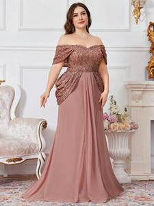 Vestido de Noche Formal <span class=keywords><strong>Maxi</strong></span> de Gasa con Hombros Descubiertos, Manga Corta, Espalda Descubierta, Lentejuelas, Patchwork, Cintura Fruncida y Cola Larga - Product Image 5