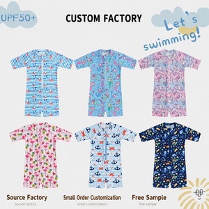 Costume da bagno per bambini a maniche corte con zip frontale, stampa fenicottero, ananas e anguria, stile divertente per l'estate, la piscina e la spiaggia - Product Image 1