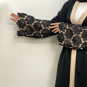 1502# Eid Design Hot Sale Nida Material Black Splice Beige Border With Applique Sleeves Women Ramadan Open Abaya - Product Image 2