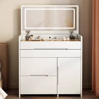 Coiffeuse moderne en panneaux de bois pour chambre et appartement, mini-meuble de rangement de chevet à rabat avec miroir éclairé et ensemble de maquillage