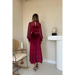 Elegante Vestido de Noche de Terciopelo Borgoña, Estilo Tubo, Sin Espalda, Cintura Natural, Capa Transparente, Manga Larga - Product Image 1