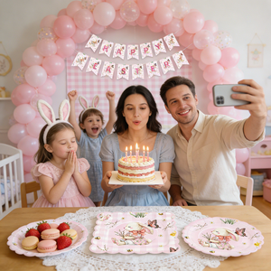 DAMAI Fournitures de fête de Pâques, assiettes en papier, gobelets, serviettes, lapin rose et fleurs printanières, vaisselle de fête pour 8 invités - Product Image 1