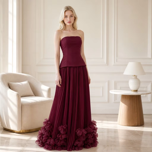 Vespera 2026 Nuevo Vestido de Noche Elegante sin Tirantes para Mujer, Vestido Largo Plisado sin Mangas con Dobladillo Floral 3D, Vestido Formal para Fiesta o Boda - Product Image 1
