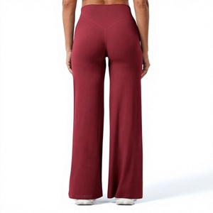 Pantalon taille haute à jambes larges pour femme, couleur bordeaux, sans couture, pour le yoga, le fitness et les tenues décontractées - Product Image 3