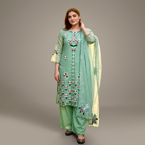 Traje Sharara bordado en verde menta, largo hasta la rodilla, conjunto pakistaní para mujer - Product Image 1