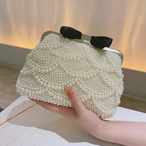 Borse eleganti da sposa di nuovo stile borse da sera con perline bianche con fiocco-nodo nero con pochette di perle modello quadrato per feste - Product Image 4