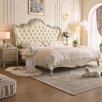 Lit Double King Size Style Royal Européen, Luxe Champêtre, Princesse Française, Réglable, en Cuir et Velours, Cadre en Bois de Chêne Durable