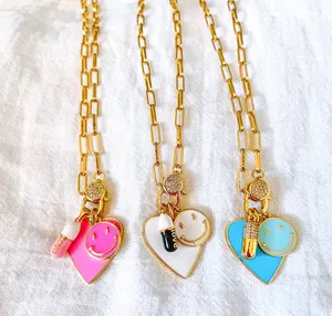 Позолоченная цепочка, Очаровательные Подвески в форме сердца, эмалированное ожерелье, ошейник для женщин