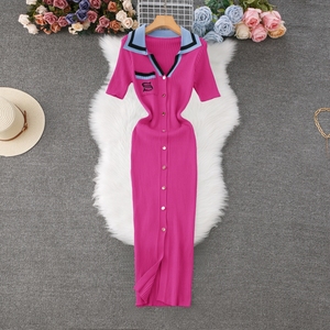 Nuovo abito a maniche corte con collo a <span class=keywords><strong>Polo</strong></span> da <span class=keywords><strong>donna</strong></span>, abito lungo alla moda a contrasto, abito in maglia snellente Sexy - Product Image 5