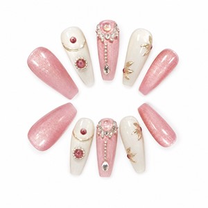 Uñas Postizas con Brillo Rosa y Blanco, Gel UV, Diseño Floral con Cuentas de Cristal, para Salón o Uso Personal - Product Image 2