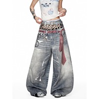 Jean déchiré coupe bootcut ample imprimé léopard en nylon/coton, style américain, pour femmes et hommes, idéal pour l'été