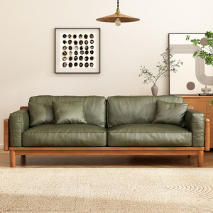 Solid Wood <b>Sofa</b> Genuine Leather Straight <b>Sofa</b> Living Room Furniture Japanese Style <b>Small</b> Apartment Nordic Retro Original Wood - Product Image 3