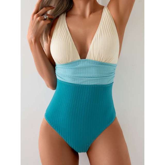 European American Style Women's Bikini High Waist Underwire Color-Blocking Deep V-Neck Adjustable Shoulder Straps Regular Fit