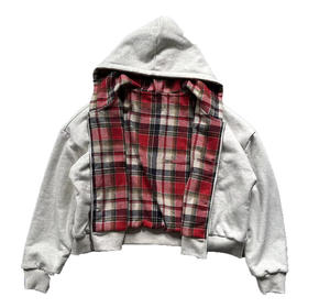 Sweat-shirts et sweats à capuche décontractés pour hommes OEM Streetwear 550GSM en molleton 100% coton avec patchs à carreaux, logo personnalisé et fermeture éclair intégrale <span class=keywords><strong>double</strong></span>. - Product Image 2