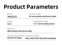C243 Yesido Alliage d'aluminium Bionic Hawksbill Crochets Conception rétractable Air Vent Gravity Cell Phone Holder