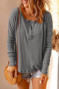Elegante tinta unita bluse a maniche lunghe con bottoni per autunno abbigliamento per <span class=keywords><strong>donna</strong></span> Design <span class=keywords><strong>Oversize</strong></span> peso pesante t-shirt da <span class=keywords><strong>donna</strong></span> - Product Image 4