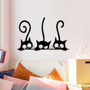 Autocollant mural amusant avec trois chats, décoration murale en PVC pour fenêtre, autocollants muraux noirs amovibles pour la maison - Product Image 1