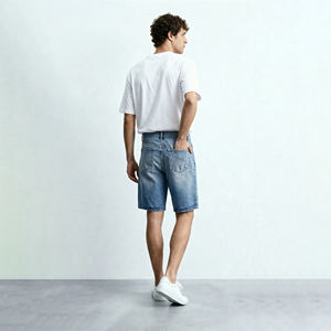 Shorts en jean décontractés bleu clair pour homme, coupe ample, style vintage délavé, jambe droite, Jorts, streetwear décontracté, baggy, été 2026 - Product Image 4