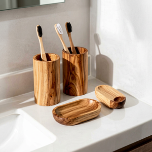 Handcrafted Rustic Wood Vanity Bathroom Set With <b>Toothbrush</b> <b>Holders</b> And Soap Dishes Oval Shape Eco Friendly Three Piece Decor - Product Image 1