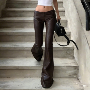 2025 New Women's Brown PU Breathable Flat Patchwork Vintage Korean Fashion Skinny <b>Trousers</b> <b>Drawstring</b> Waist OEM Wholesale - Product Image 2