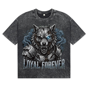Camiseta de Manga Corta para Hombre, Estilo Urbano, Transpirable, de Algodón, Talla Grande, Negra, Lavada con Ácido, Teñida, con Estampado Mecánico de Lobo DTG - Product Image 1