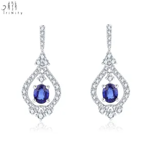 Set perhiasan batu permata klasik 18K, anting-anting tetesan safir biru berlian alami asli emas putih untuk hadiah