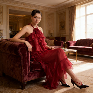 Nouvelle <span class=keywords><strong>Robe</strong></span> Longue Femme en Mousseline de Soie Coupe Trapèze Moderne Printemps 2026 de Haute Qualité avec Motifs Floraux à Volants en Cascade Entiers Séchage Rapide ROUGE - Product Image 3
