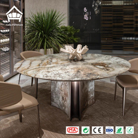 Table à manger ronde moderne en marbre avec chaises en cuir, ensemble de restaurant, mobilier intégré pour toute la maison, pour villa et appartement