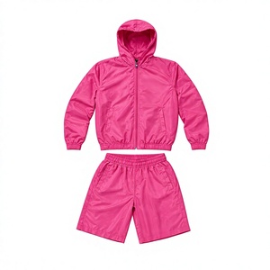 Ensemble de survêtement rose à capuche pour homme REXFITSPORTS, manches longues, fermeture éclair, short léger en polyester, vêtements de sport décontractés pour l'été - Product Image 1