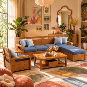 Modern L Shape Solid Wood Sectional Sofa Set with Blue Fabric <b>Cushions</b> <b>Storage</b> Living Room Furniture - Product Image 1
