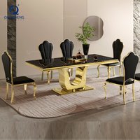 Ensemble de table à manger de luxe pour hôtel, 6 chaises, mobilier de salle à manger, acier inoxydable doré, marbre, table pour fête, mariage, événement