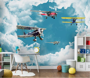 Autocollant de décoration d'avion 3D Sky Clouds pour chambre de garçon-Peel and Stick Roll | Papier peint expédition rapide - Product Image 2