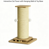 Griffoir pour chat en bois et sisal, arbre à chat avec griffoir ondulé, hamac et jouet à pompon pour chats d'intérieur