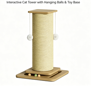 เสาข่วนแมวไม้ป่านศรนารายณ์พร้อมที่นอนและของเล่นห้อยสำหรับแมวในบ้าน - Product Image 2