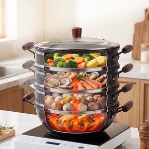 Casserole vapeur à 5 étages en acier au carbone pour la cuisine, 4 niveaux, 30 cm, grande casserole vapeur pour aliments avec poignées en bois et couvercle en verre - Product Image 2
